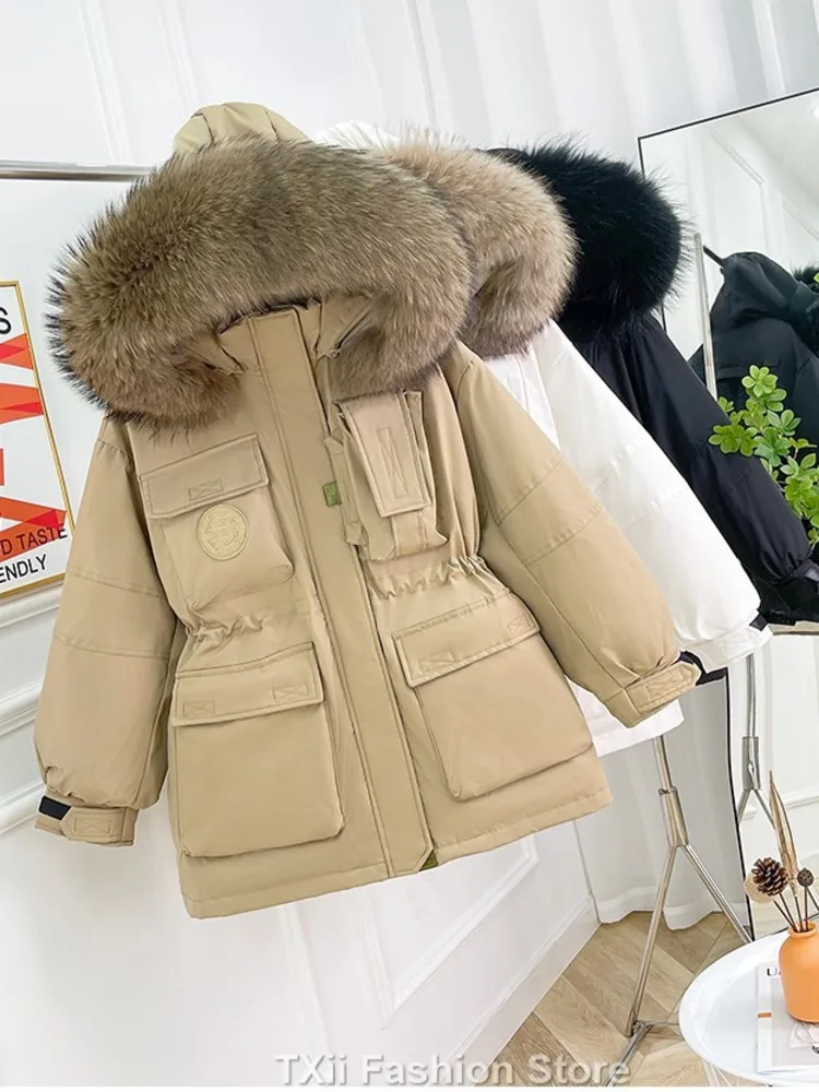 Winter Large Natural Fur Hooded Tooling Parka Women 90 White Duck Down Thick Jacket High Waist Loose Windbreak Warm Coat 2023