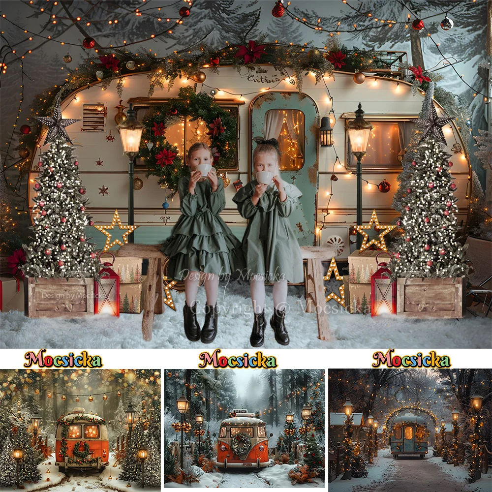 Christmas Photography Background Winter Snowy Camping Bus Xmas Tree Backdrop Decor Kids Family Photo Street Lights Studio Props