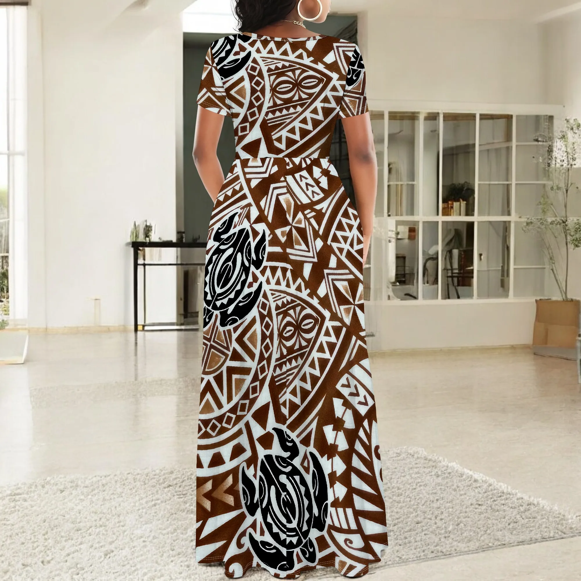 Abito lungo Boho ampio da donna a maniche corte con collo sexy, abito lungo da vacanza casual con orlo diviso stampato alla moda