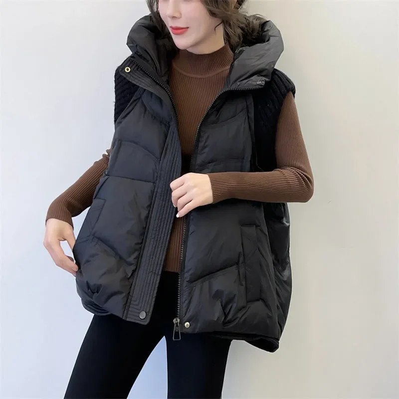 

2025 New Autumn Winter Knitted Splicing Cotton Vest Women Hooded Loose Sleeveless Jacket Waistcoat Female Casual Tops Tide W732