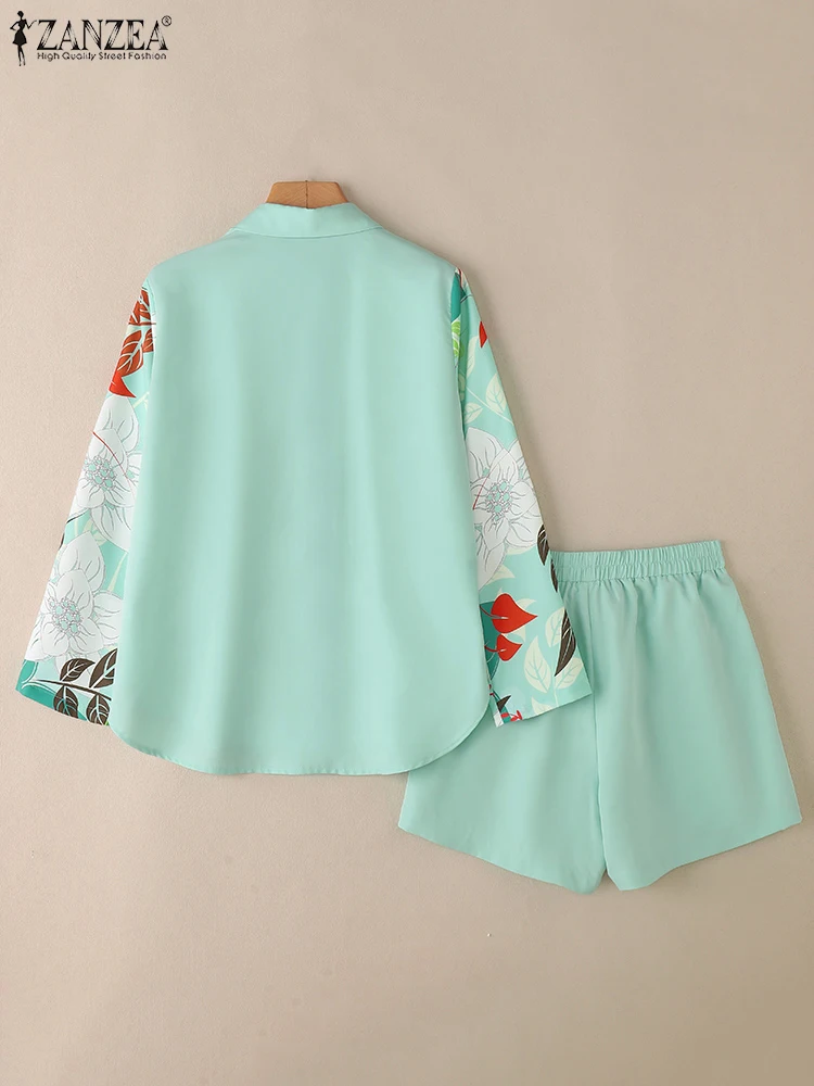 ZANZEA ストリートウェア ウエストゴム ショートパンツ セット 2025 夏 レディース 花柄プリント 長袖 カラーシャツ ツーピーススーツ ショートセット