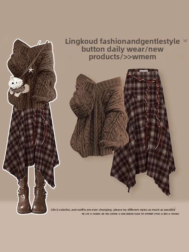 American Sle Knitted Sweater And Plaid Skirt Set for Women Autumn Winter Two-Piece Outfit High Waist V-Ne Long Sve