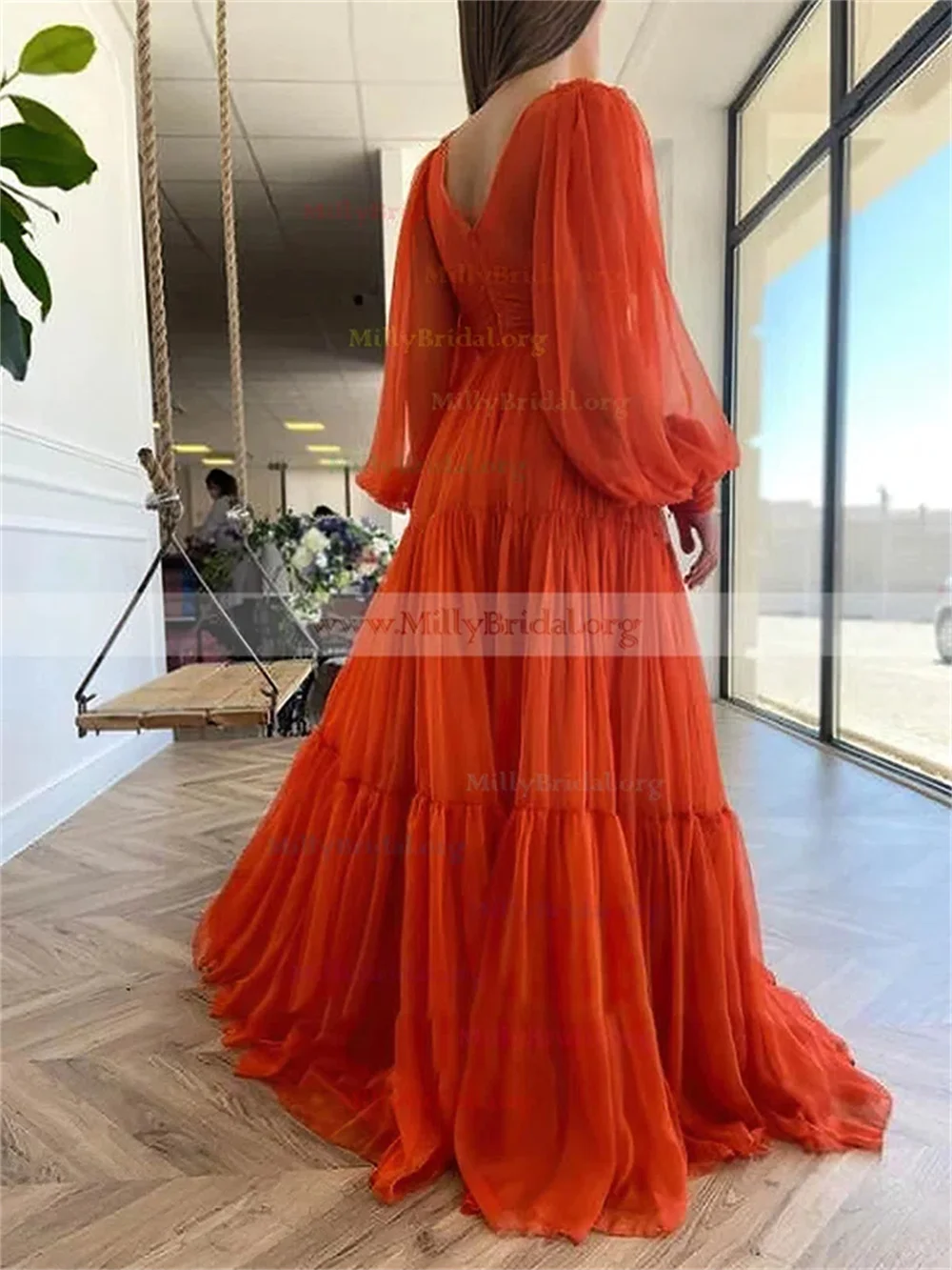 Cathy Orange Chiffon Wedding Dress V-neck A-line Empire Waist فساتين سهرة Elegant Puffy Sleeves Floor-length vestidos de fiesta