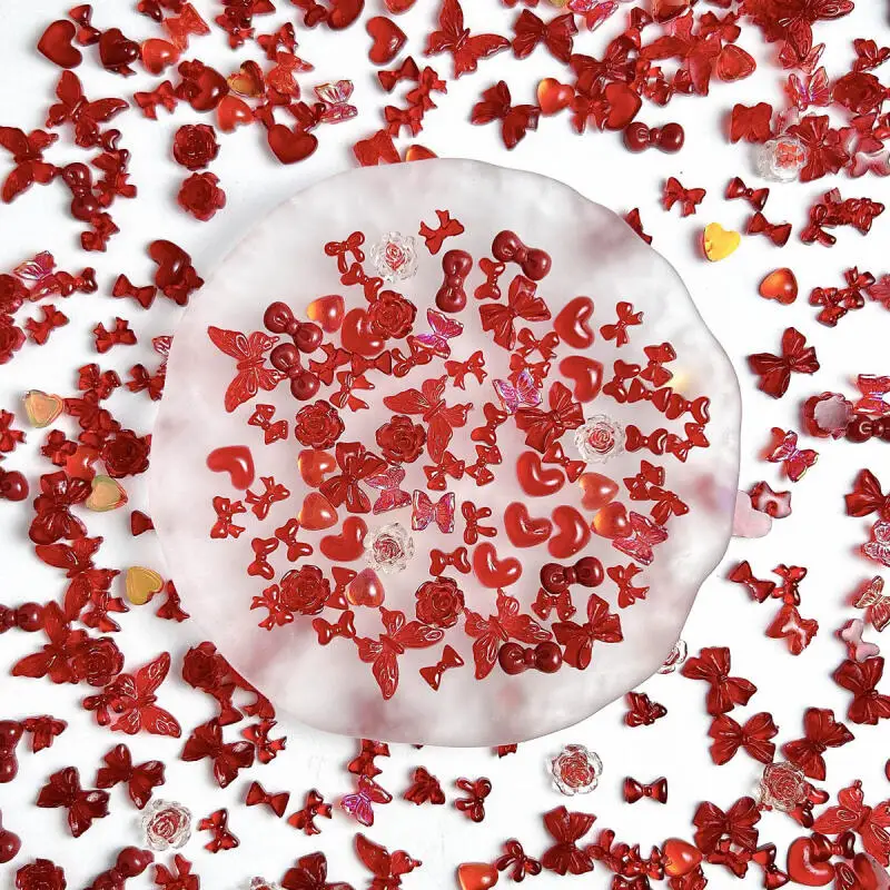Solid Color Bows Heart Mixed Nail Art Charms 3D Jelly Red Series Butterfly Camellia Nail Decorations for DIY Hairpin Nail Crafts