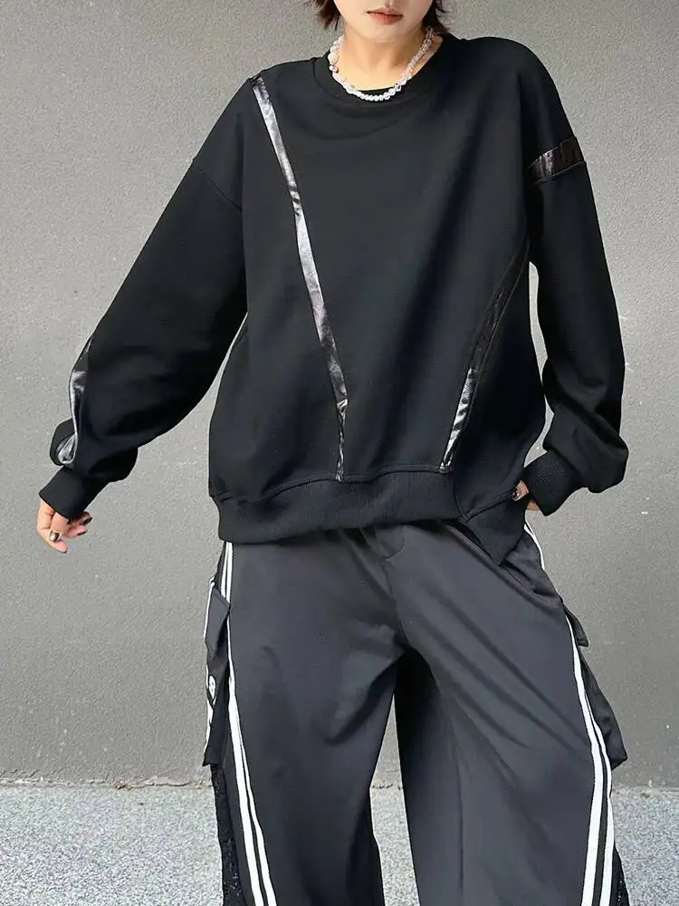 

Black Pu Leather Spliced Sweatshirt New Round Neck Long Sleeve Women Big Size Fashion Tide Spring Autumn