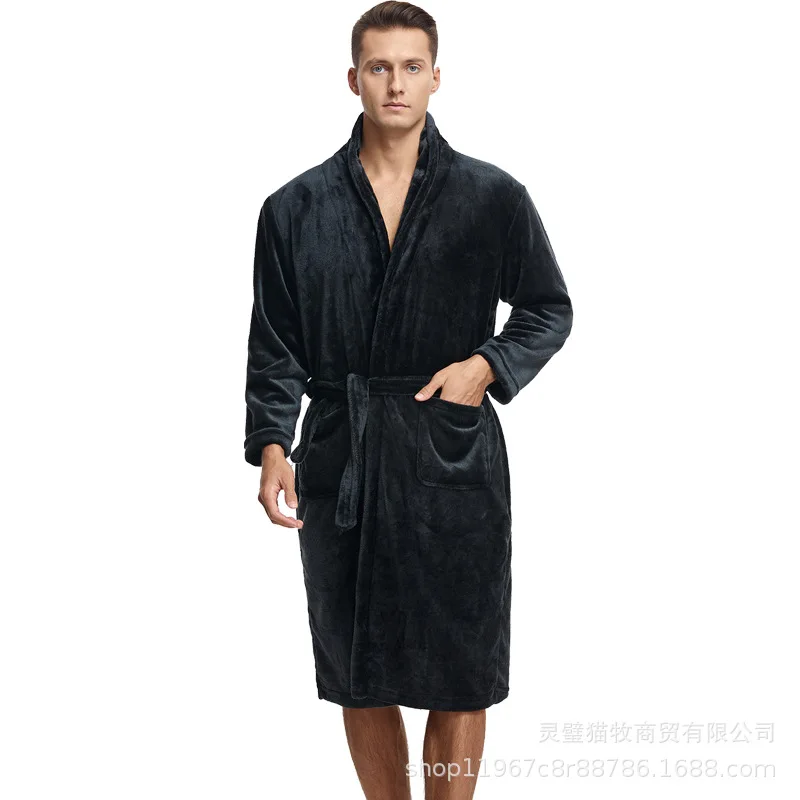 nightgown men and women autumn and winter coral fleece bathrobe pajamas autumn and winter loungewear yukata cross-border