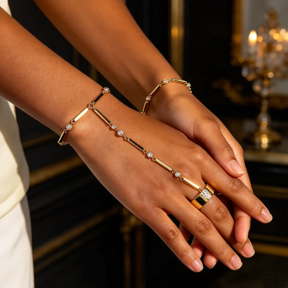 Dainty Hand Chain Bracelet Ring Gold Plated Handmade Link Chains Connecting Harness Bracelets Hand Jewelry for Women Trendy Gift