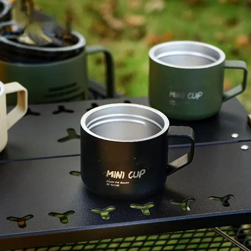 New Mini Stainless Steel Camping Mug Double-Layer Liquor Cup With lanyard Outdoor Camping Matte Water Cup Coffee Kung fu Cup