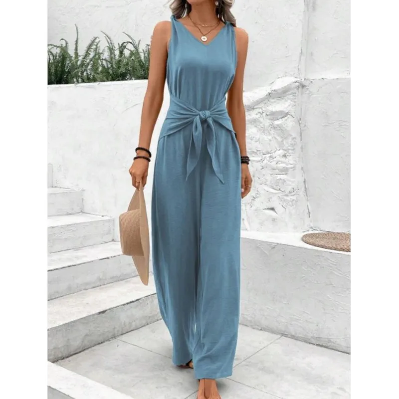 

Casual Loose Women's Jumpsuit 2026 Summer Solid Color V-neck Sleeveless Waist Lace-up Wide-leg Rompers Homewear Female