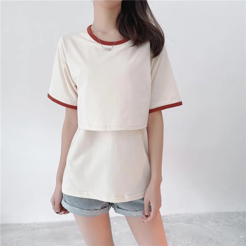 95% Cotton Maternity Mother Nursing Tees Breastfeeding Pregnancy Round Neck Short Sleeve Out Wear Nursing T-Shirt