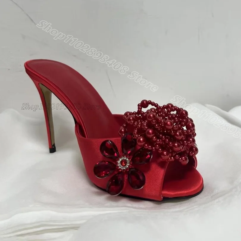 Red Crystal Flower Decor Slippers Slip on Silk Sweet Style Stiletto Wedding Party Summer Women Shoes 2024 Zapatos Para Mujere