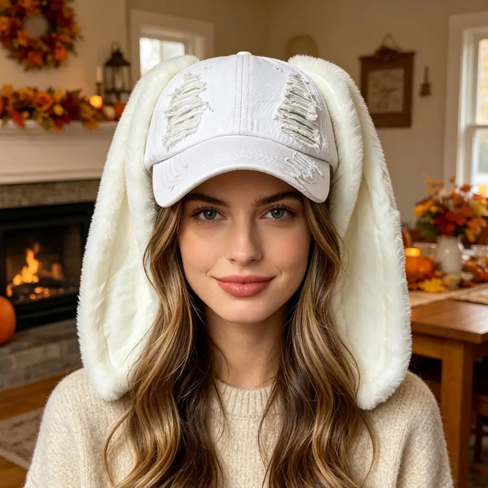 Baseball Cap with Plush Rabbit Ears Washed Lightweight Distressed Peaked Hat for Winter, Long Bunny Ear Baseball Hat 2