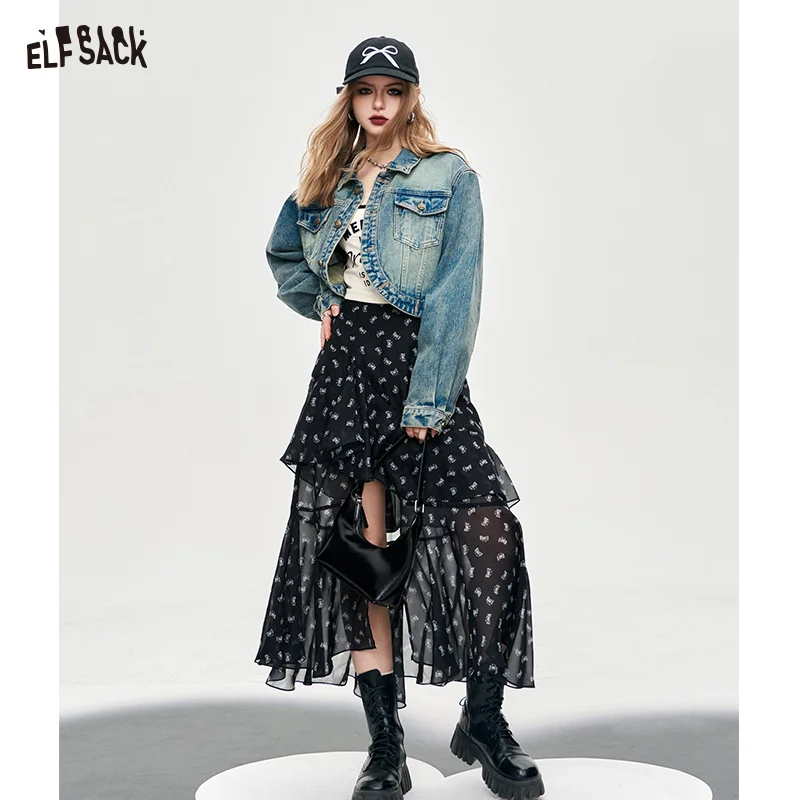 ELFSACK versatile high rise slit floral printing dress for women 2024 spring thin new mid long length A pendulum irregular skirt