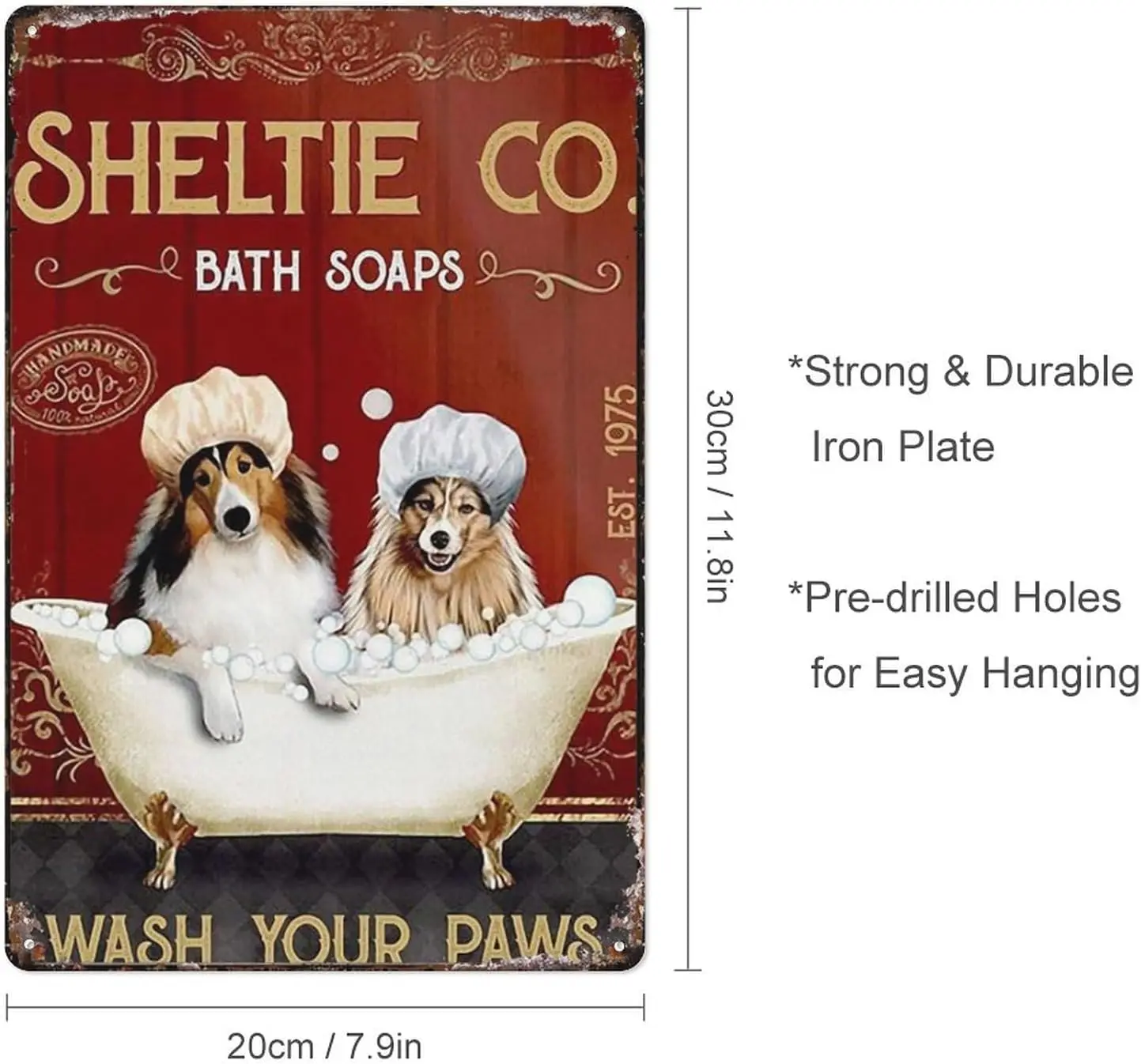 Vintage Tin Sign Red Shetland Sheepdog Wash Your Paws Poster Bathroom Wall Decoration Cave Bar Kitchen Home Decoration Sign 8X12