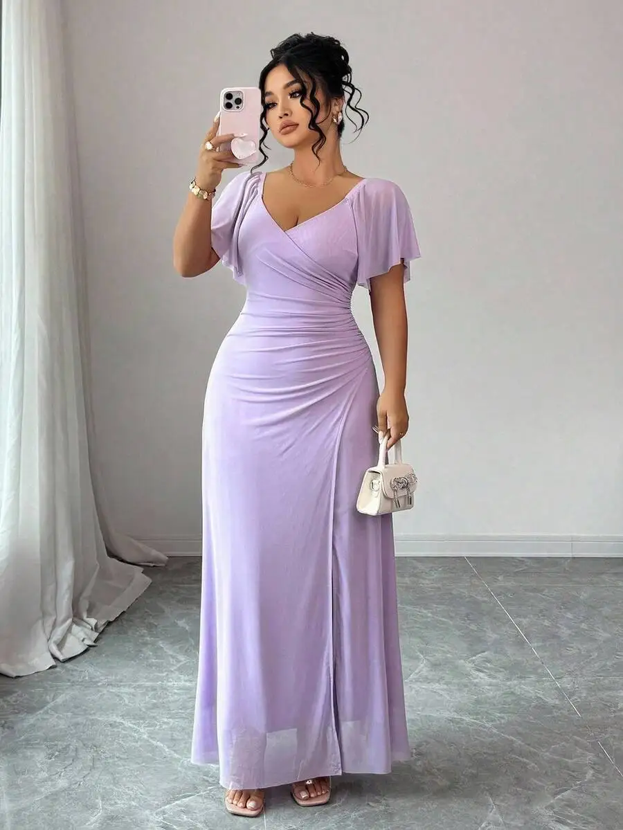

Lavender V-Neck Ruffle Sleeve Pleated Waist Slit Maxi Dress for Formal Occasions