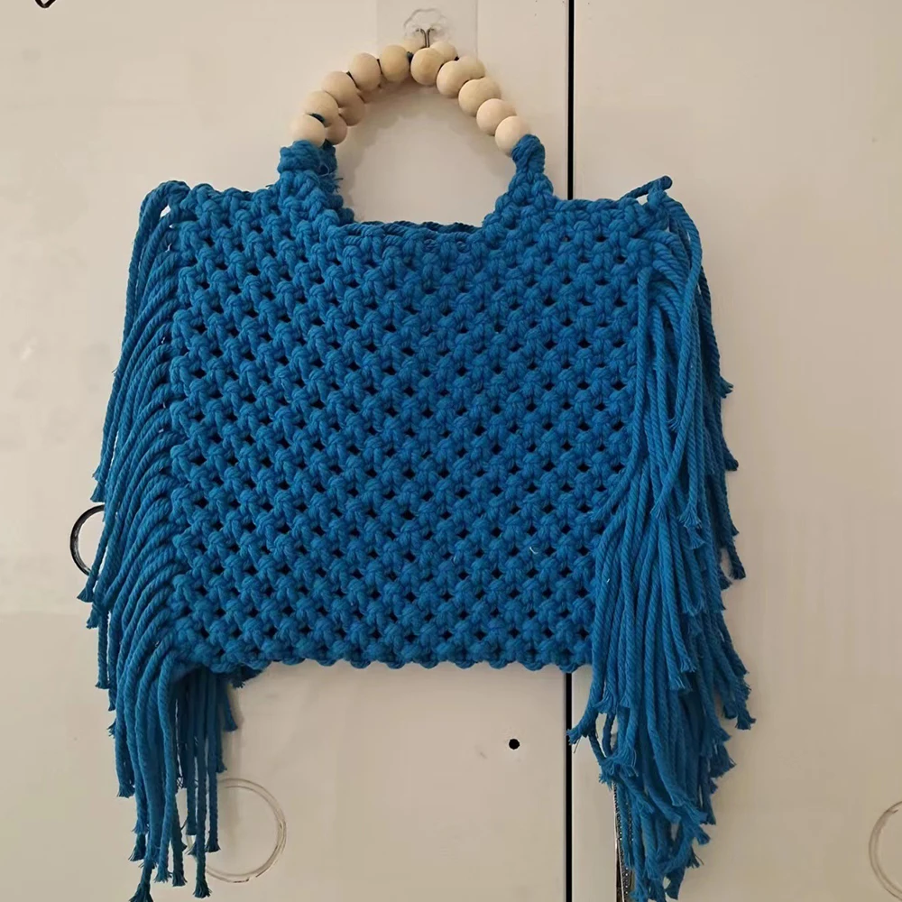 Long Tassel Women Handbag Rope Crochet Tote Handmade Knitting Woven Bags for Women Beaded Handle Designer Shoulder Bag Purses