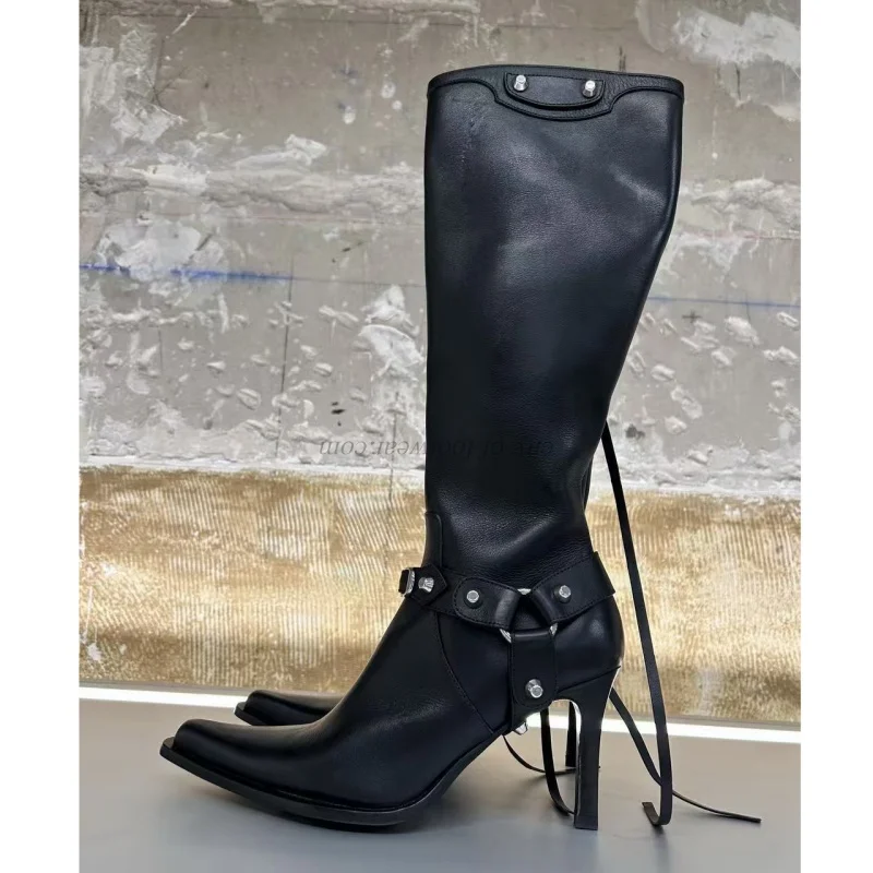 

Black Stud Cool Leather Knee High Boots 2026 New in women's punk high heels knight ankle boots luxury designer quality shoes