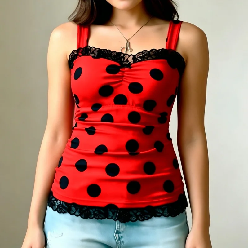 Women Y2K Polka Dots Tank Top Cute Sleeveless Ruched Front Lace Trim Ruffled Vest Fairy Grunge Babydoll Camisole