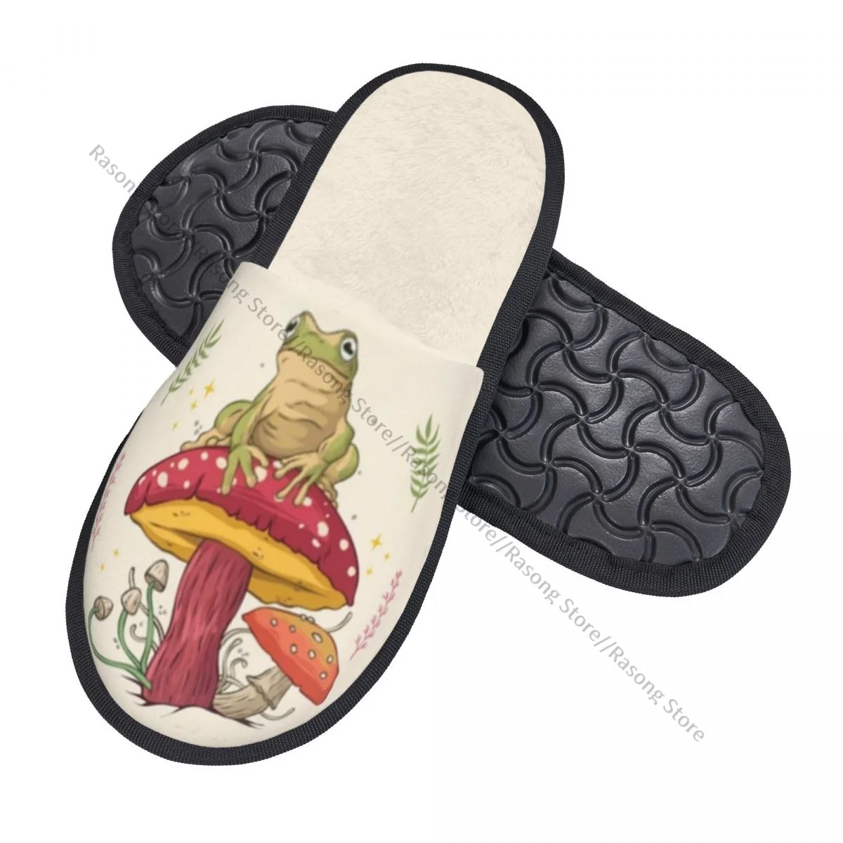 Plush Indoor Slippers Frog Sitting On Mushrooms Warm Soft Shoes Home Footwear Autumn Winter