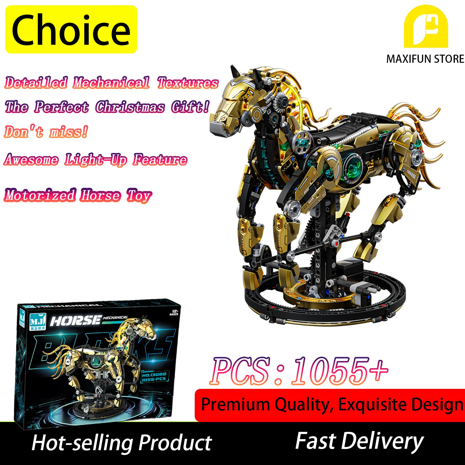 

MOC 1055 PCS Motorized Wild Horse Building Blocks DIY Model Kit of A Powerful Stallion Animal Toys for Adults Kids