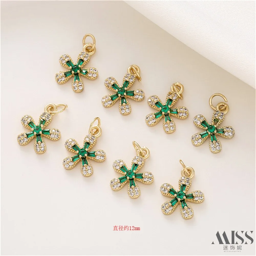 14K Gold Bag Color-preserving Zircon Green Five-leaf Flower Pendant DIY Handmade Bracelet Necklace Small Pendant Accessories