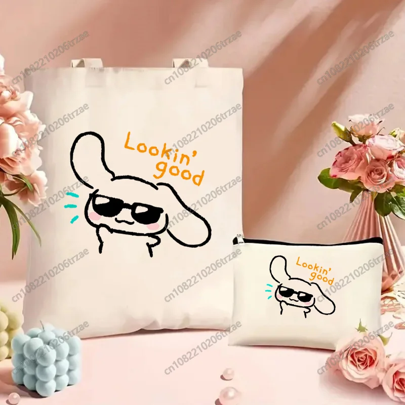 Sanrio Cinnamoroll Canvas Bag Set Makeup Bag Women Girls Simple Large Capacity Storage Handbag Shoulder Bag Tote Student Bookbag