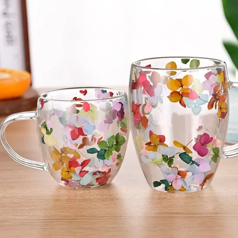 Creative Double Wall Glass Cup Dried Flower Filler Glass Cups Tea Coffee Cups Gifts High Borosilicate Glass Cups with Handles