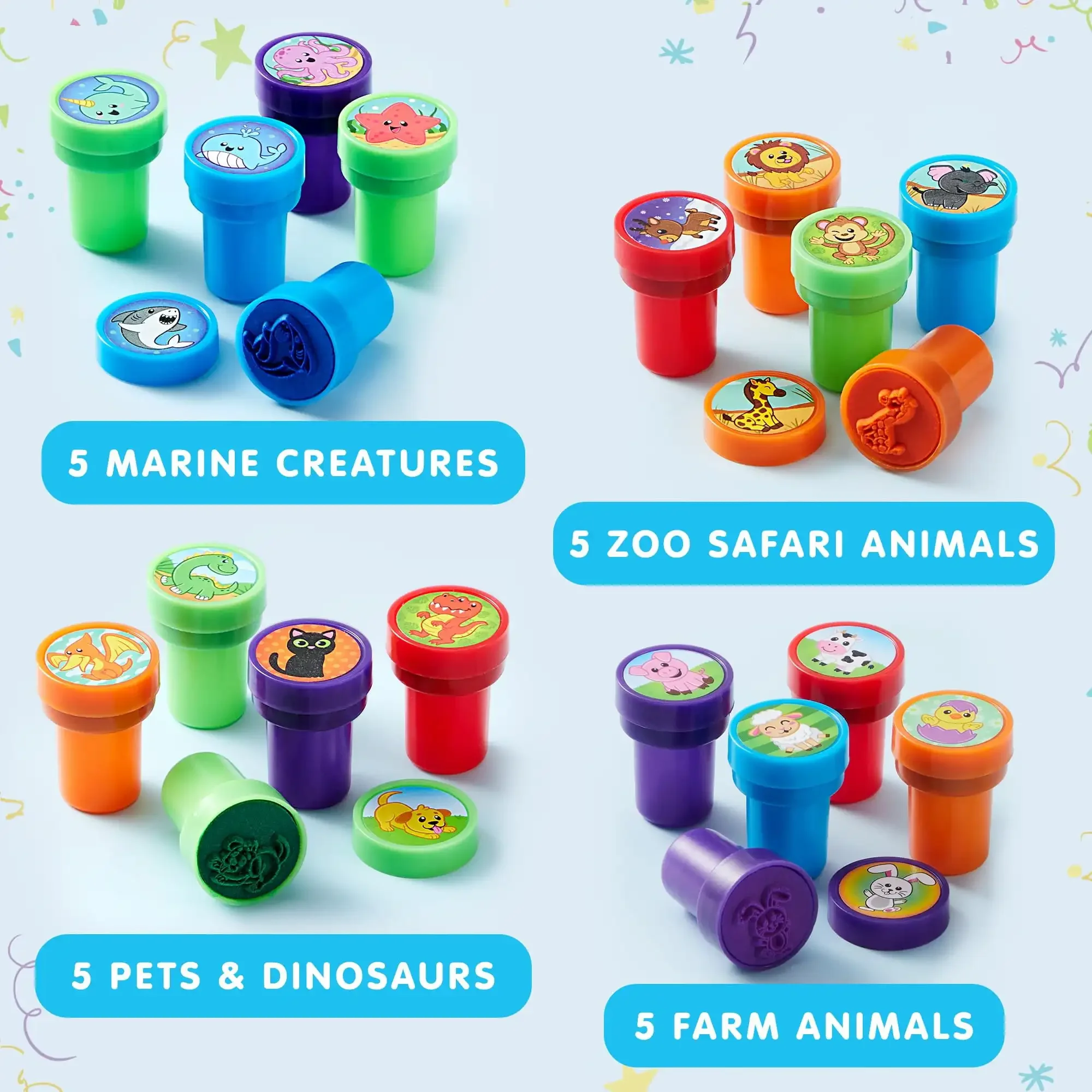 Joyfy 50 Stuks Diverse Postzegels Party Gift Zelfinktende Stempels voor Kinderen Verjaardag Kerstfeest Carnaval Prijzen Halloween Geschenken