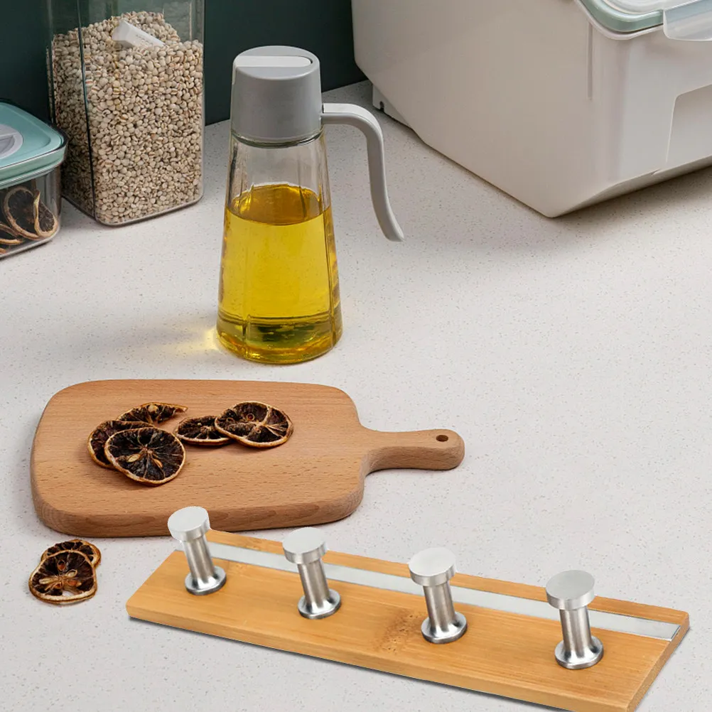 

4-Piece Bamboo Adhesive Rail Rack Hook Set Stainless Steel Hooks for Bathroom Toilet Kitchen Living Room Wall Mount No Drill