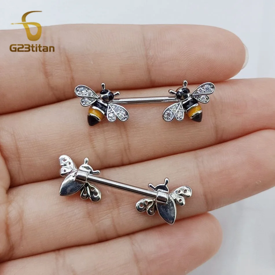 Cute Bee Shape 2pcs Nipple Rings Titanium Or Steel Barbell Nipple Piercings Charm Accessory Women Body Shield Bar Jewelry 14G image 4