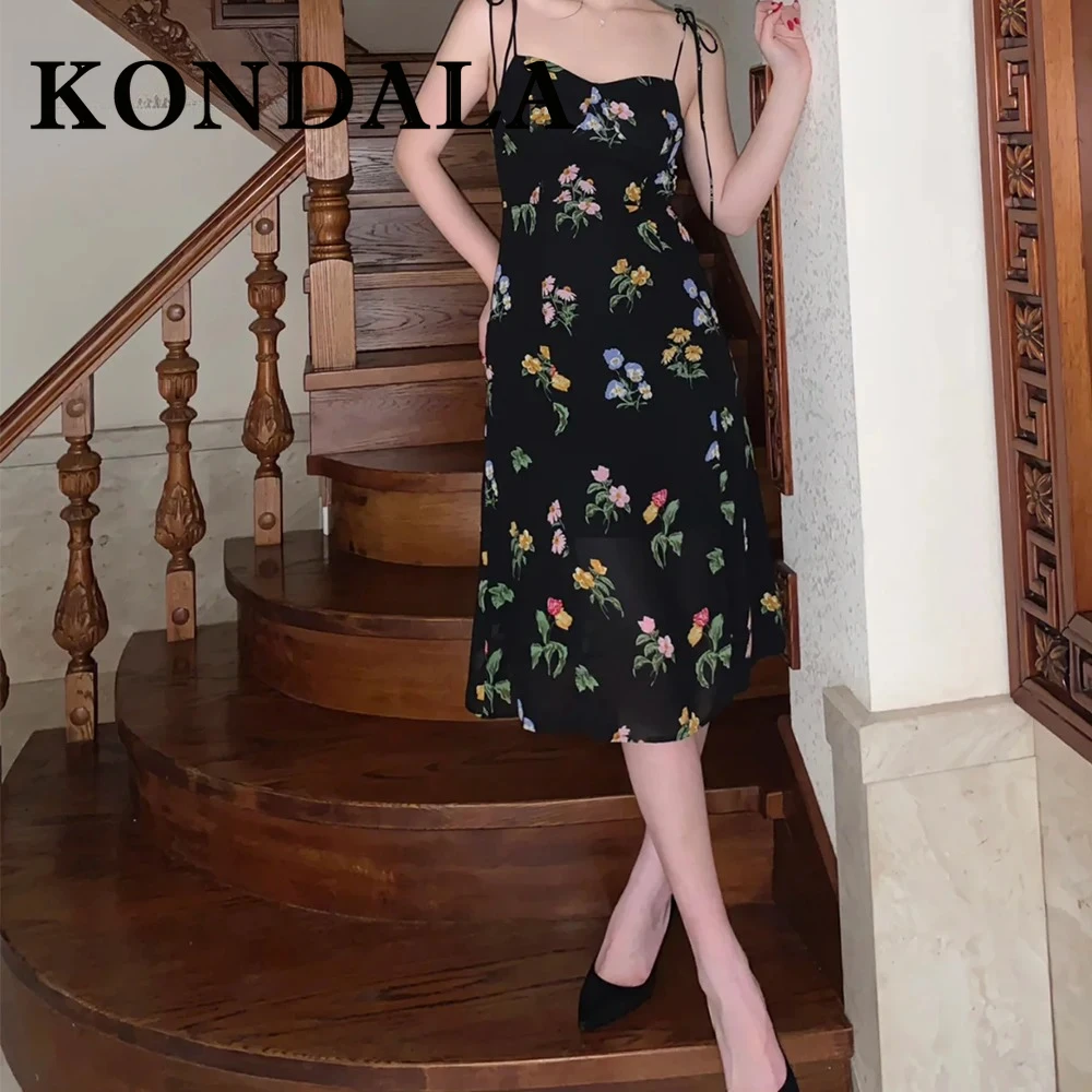 KONDALA Chic Print Floral Women Dress Cami Asymmetrical Sexy Beach Split Midi Dress Slim Fashion 2025 Summer Female Sexy Vestido
