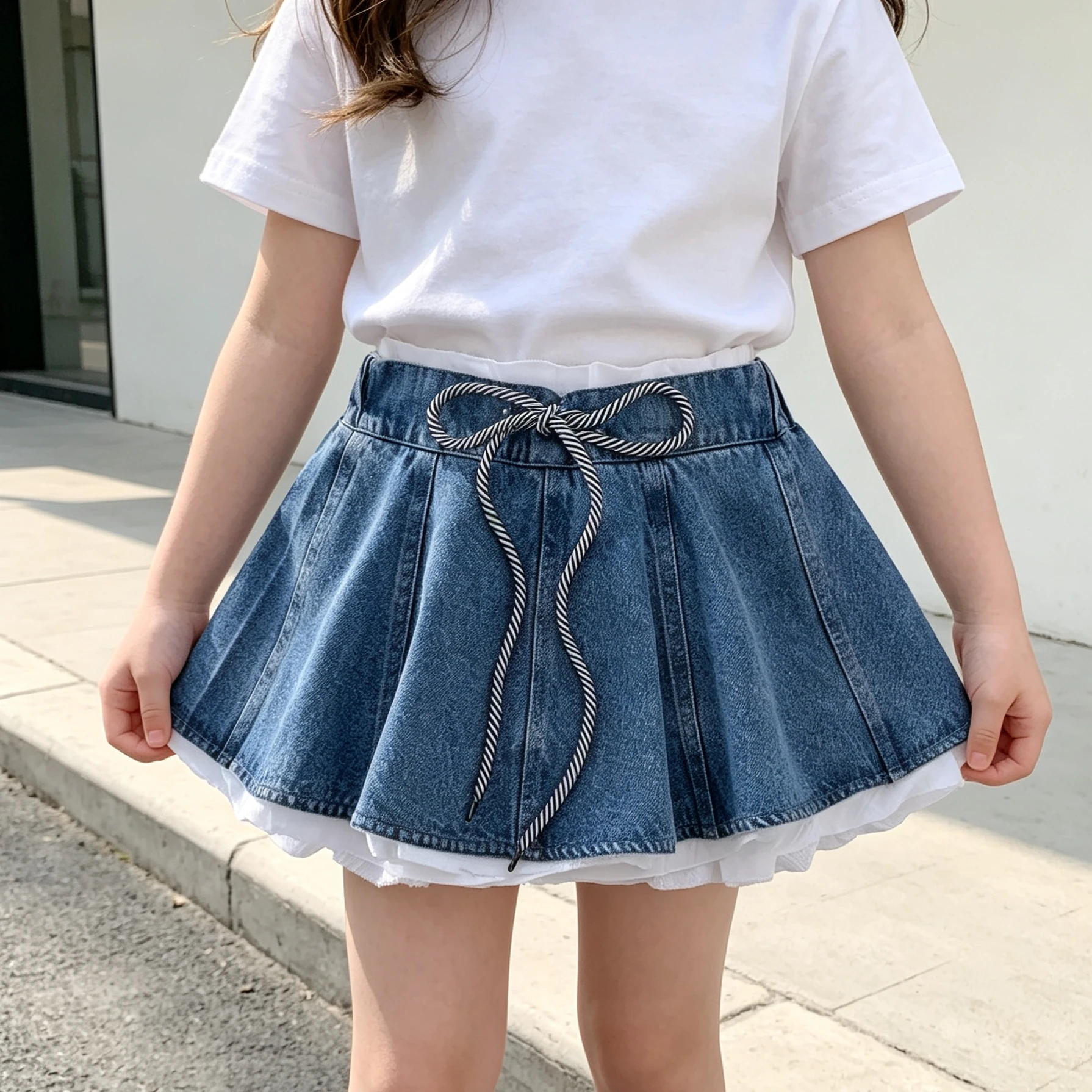 Girls Denim Pleated Mini Skirt Rope Tie Bow Double Layer White Lining Flared Short Skirt for Teens Summer Casual Daily Outfits