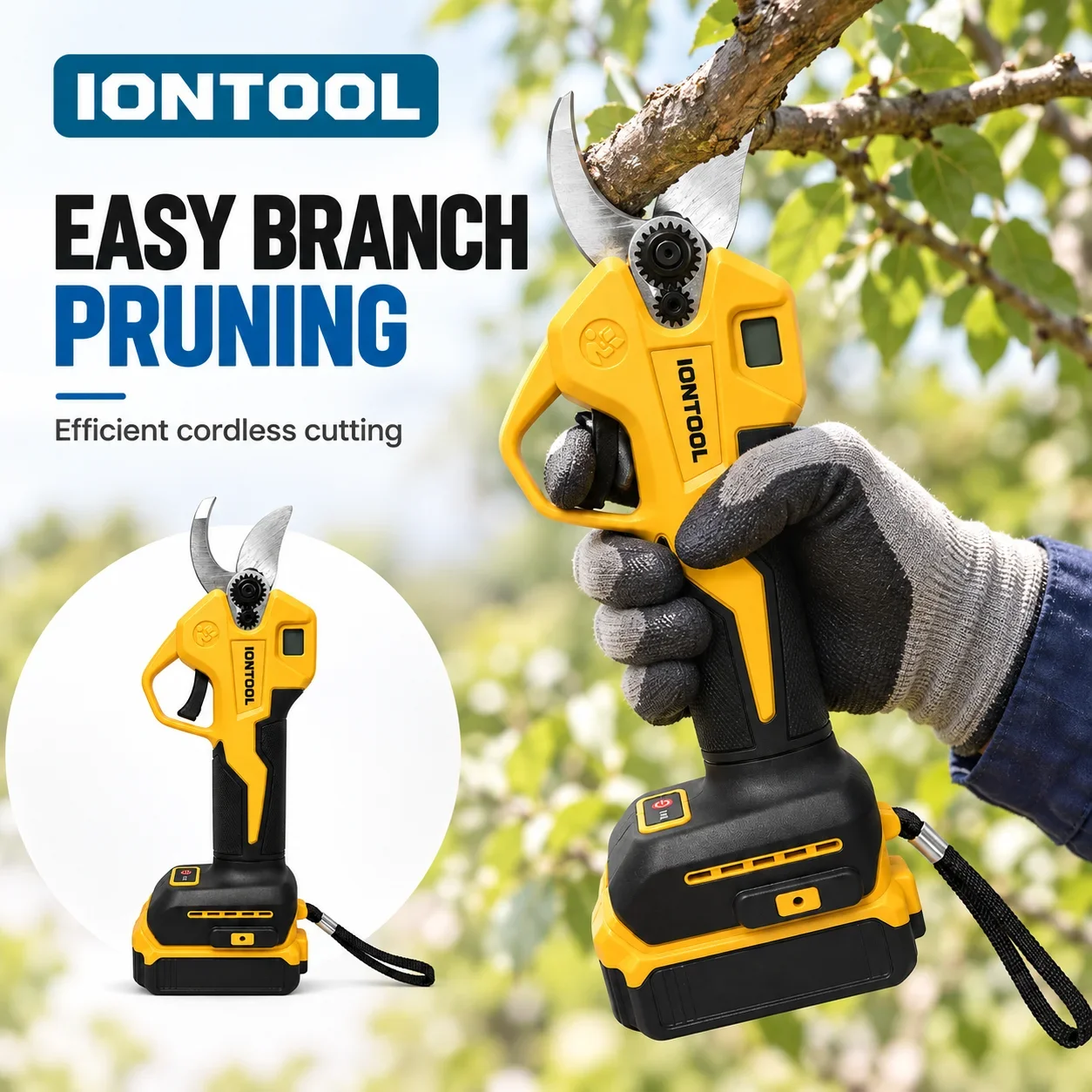 IONTOOL Yellow Cordless Electric Pruning Shears 3.0cm Orchard Branch Vine Cutting Hedge Shaping - Garden Pruner Tool