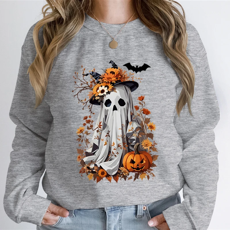 Watercolor Pumpkin Spooky Ghost Print Sweatshirt Hoodie Women Vintage Flower Autumn Leaves Sweatshirts Halloween Ghost Hoodies