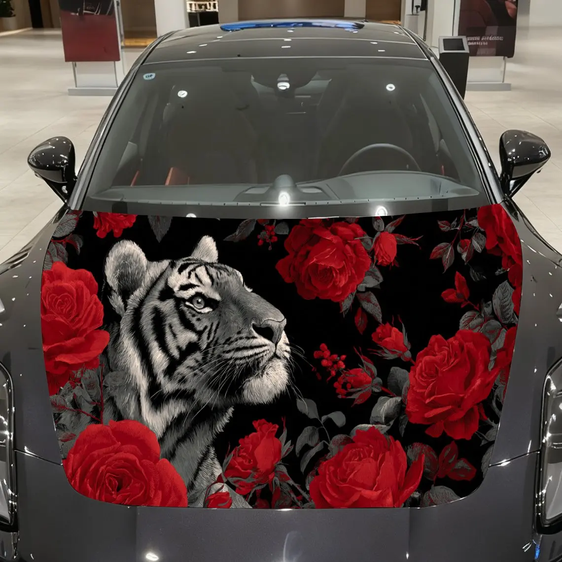 

Car Decal Tiger with Red Floral Artistic Background & Ferocious-Intense Aesthetic Car Hood Sticker, Waterproof Self - Adhesive V