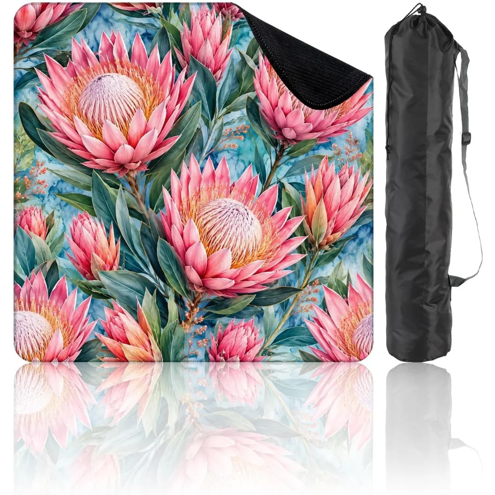 Neoprene 31.5 Inch 3mm Luxury Mahjong Mat Pink Protea Flowers Green Botanical Leaves Non Slip Noise Reduction for Mahjong Games