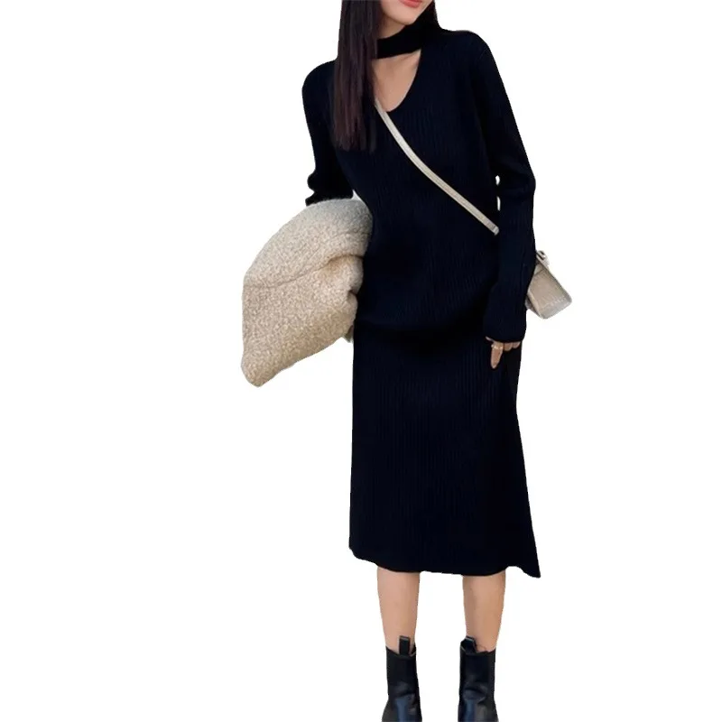 Vestido solto de malha para mulheres, roupas de manga comprida, decote em v, camada baixa pequena, estilo urbano, outono e inverno, E2587