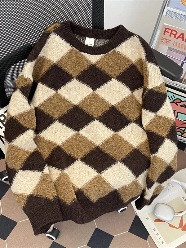

Color Blo Diamond Pattern Knitwear round Ne Pullover ex Autumn Faion Classic American Lazy Sle Base Layer Sweater