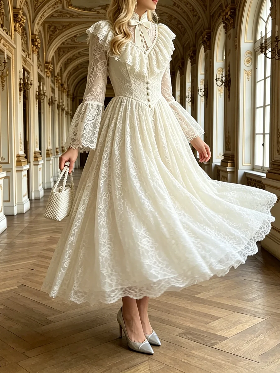 TWOTWINSTYLE Solid Slimming Spliced Lace Elegant Dress for Women Round Neck Long Sleeves Patchwork Folds Dresses Female Style