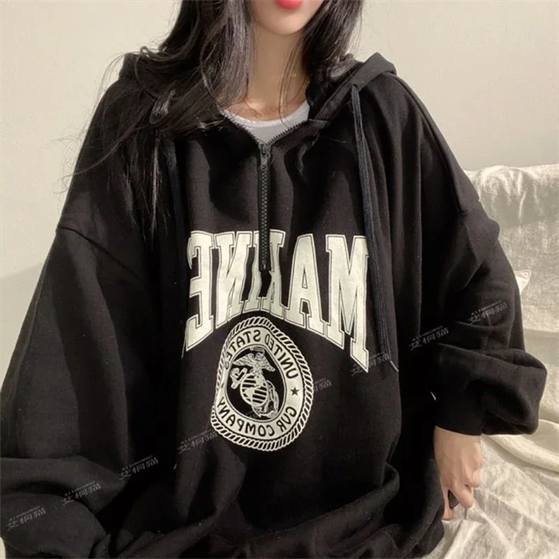 Lazy Style Pullover Long Sleeves Zipper Hoodie for Women\'s Spring Autumn New Large Size Loose Slimming Hoodie T-shirt for Women