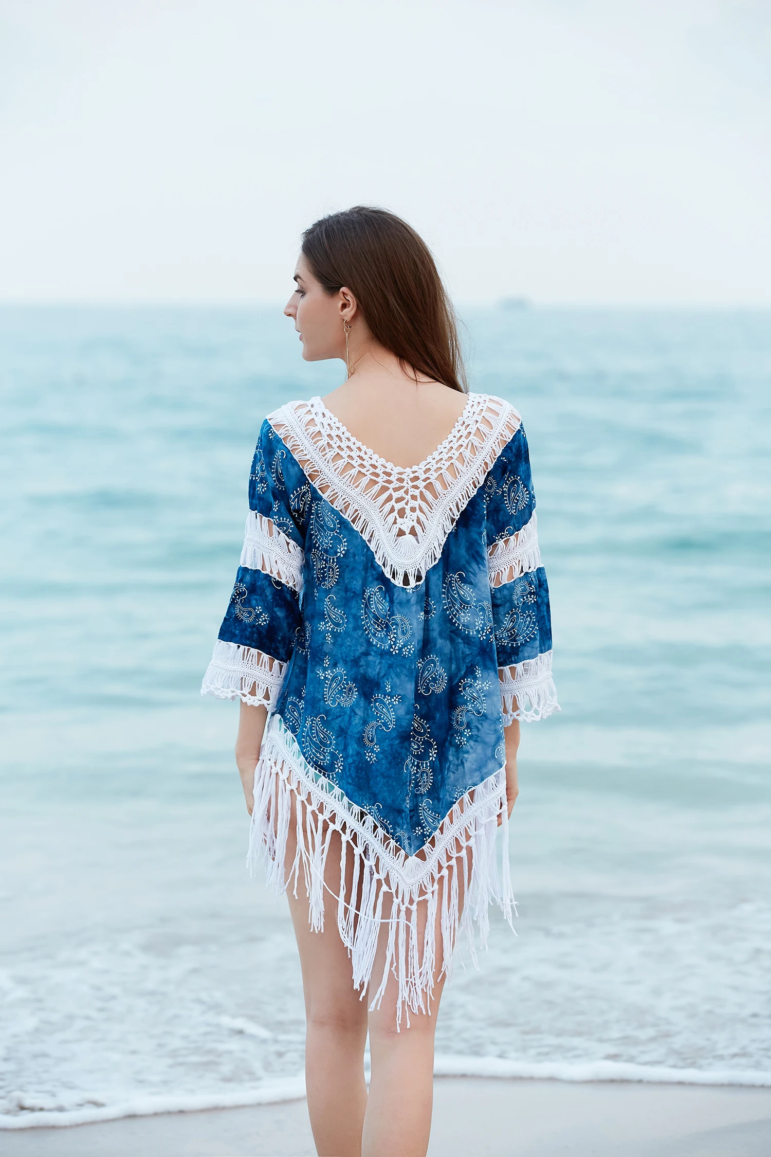 Retro Blau Gedruckt Frauen Sommer Strand Kleid Bikini Cover-up Hohl Hand Häkeln Patchwork Spitze-up Quasten Mini kurze Beachwear