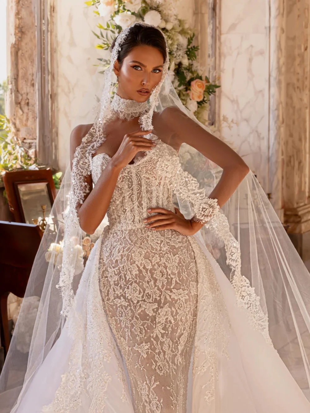 Suknia ślubna z haftem, koronką z koralikami, odpinanym trenem, iluzoryczna, syrenka, nowa, szyta na miarę, elegancka suknia dla panny młodej.