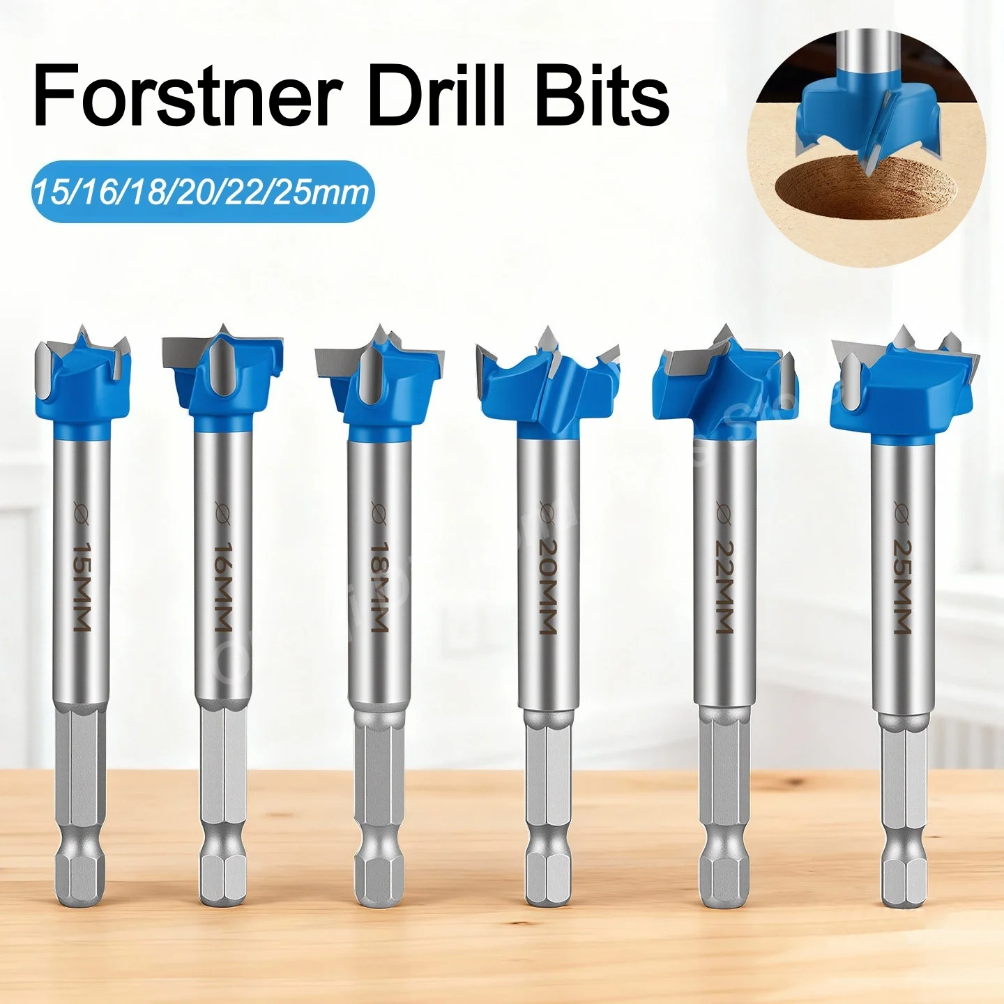 

6PCS 15-25mm Forstner Drill Bit Set for Precise Woodworking Carbide Hole Saw Cutter for Wood Plastic Plywood with Hex Shank