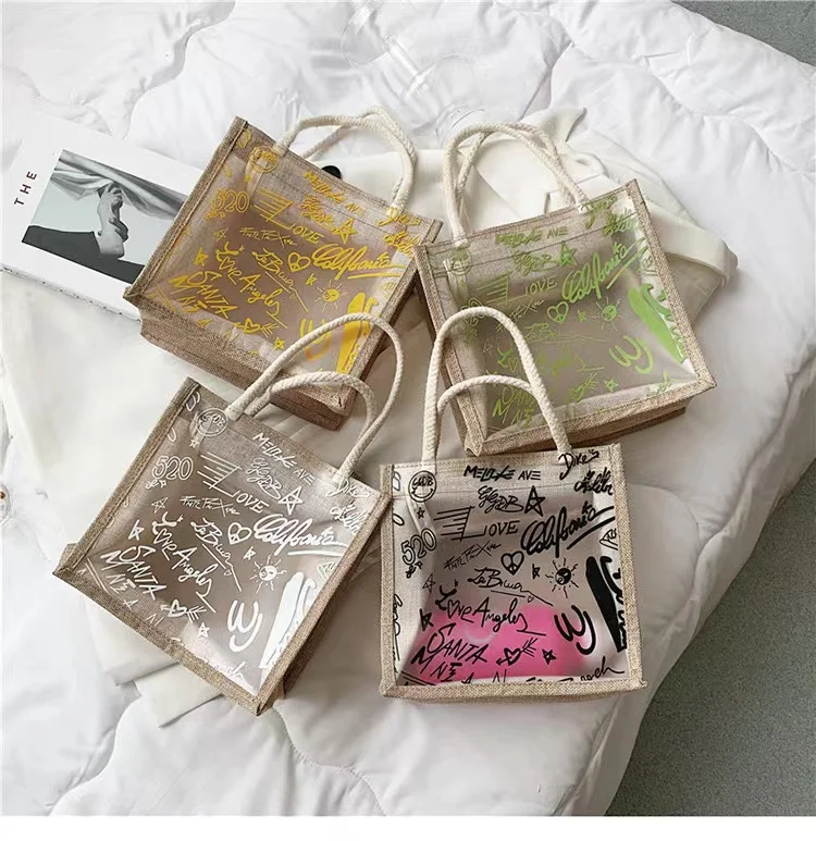 Sac à MSI graffiti transparent pour femme, sac à main de style étranger, sac fourre-tout à une initiative, grande capacité, PVC, été, nouveau, 2023