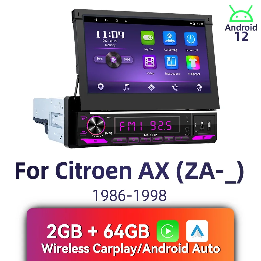 Androidカーラジオ,1 DIN,格納式スクリーン,マルチメディア,ステレオ,車用,シトロエンax za 1986-1998, 7インチ,1 DIN