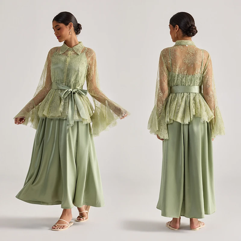 

Комплект из блузки с кружевными рукавами и длинной юбки с подвязками, весенний модный женский наряд, комплект из двух предметов с цветочной вышивкой