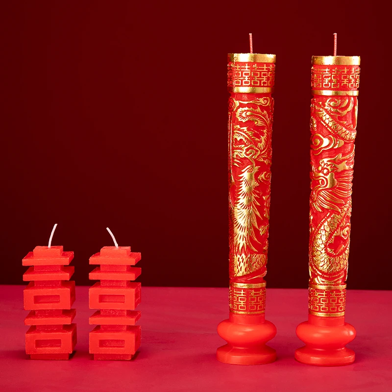 Red Joyful Candle Chinese Dragon and Phoenix Candle Pair of Wedding Flowers