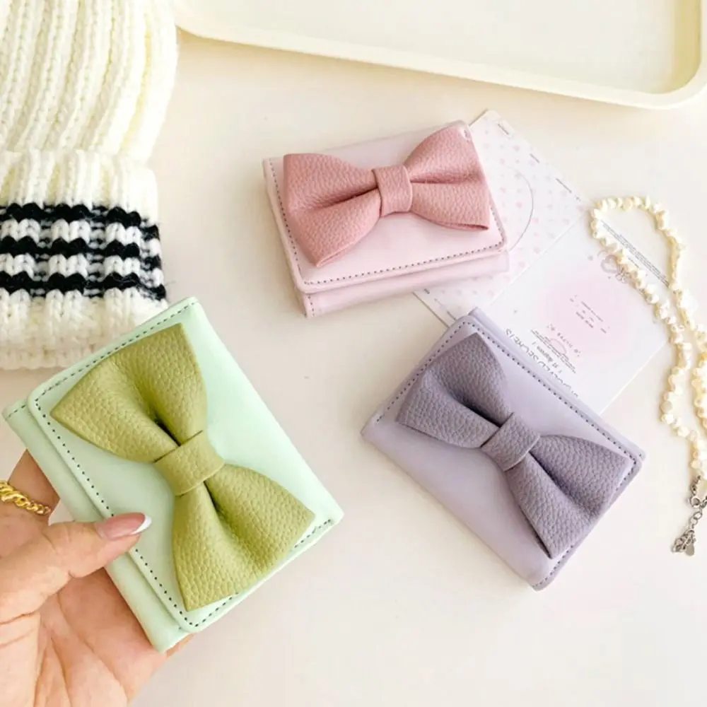 

Simple Pu Leather Cute Bow Short Wallet Printing Korean Style Folding Purse Coin Purse Change Purse Card Holder Outdoor