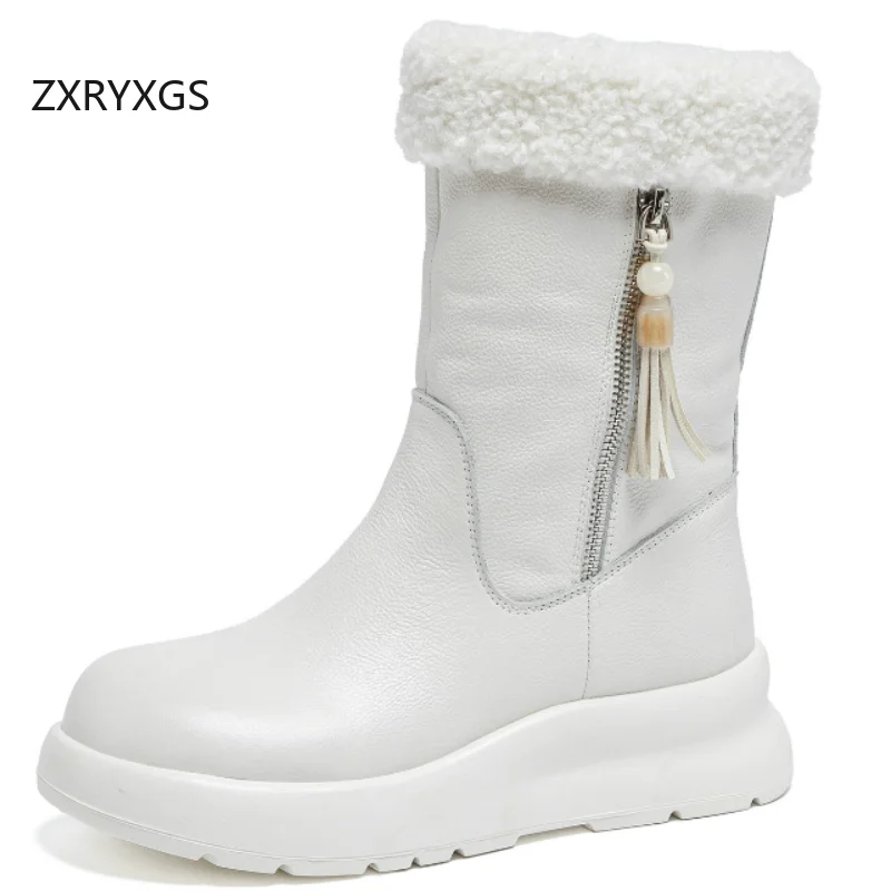 

ZXRYXGS Top Layer Cowhide Warm Thick Snow Boots 2025 Winter in-tube Boots Wedges Thick Sole Mid Heel Shoes Women Cotton Boots