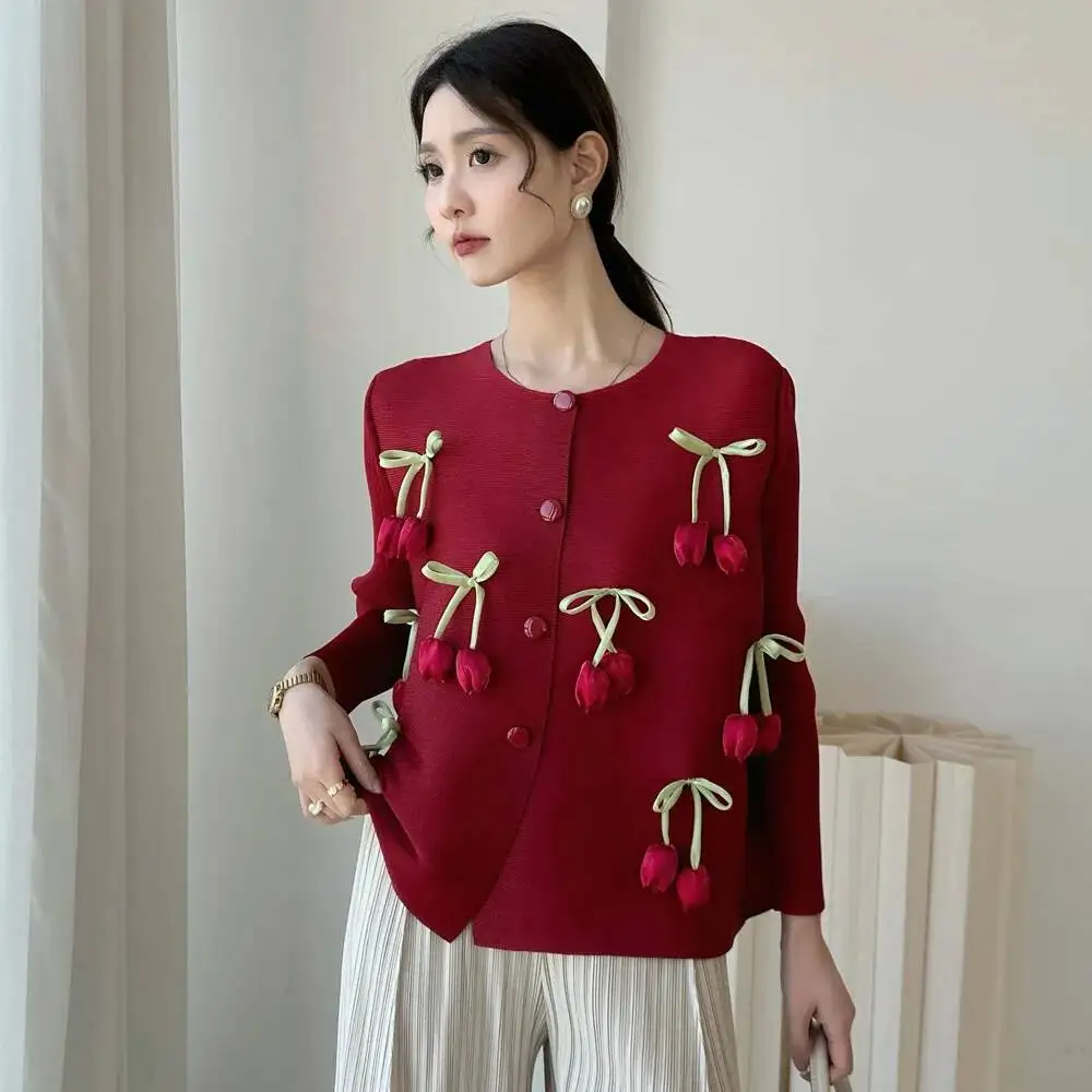 Fashion Design Bowknot Flower Women's Pleated Shirt Coat O-neck Elastic Loose Long Sleeve Sweet Temperament 233S